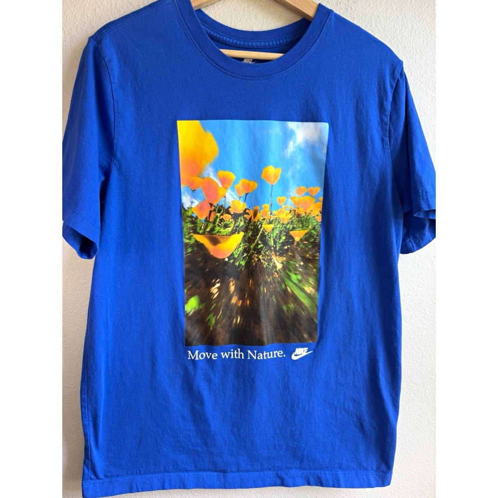 Nike Blue "Move with Nature" Graphic Logo Tee Crew Neck Short Sleeve Mens L